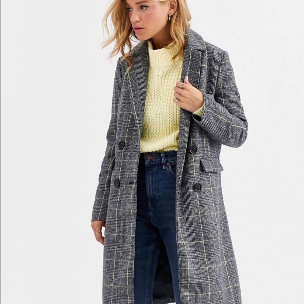 ASOS QED London Check Coat, Grey and Lime Green